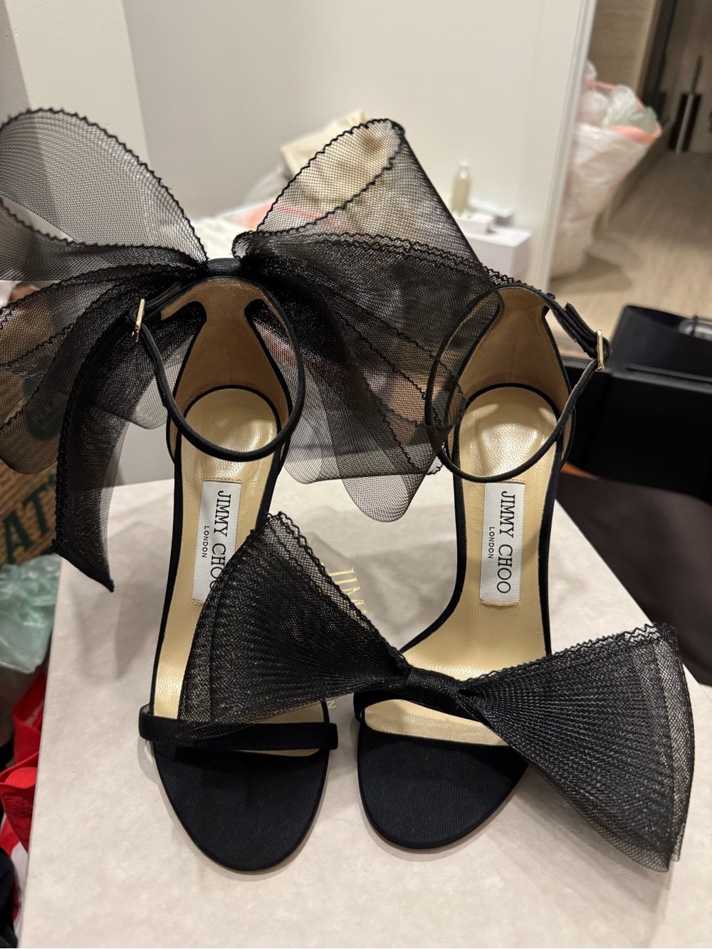 Jimmy Choo Black Aveline Bow Ankle-Strap Sandals